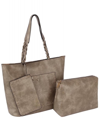 Fashion Whipstitch Pocket 3-in-1 Shopper Set LHU363 GRAY